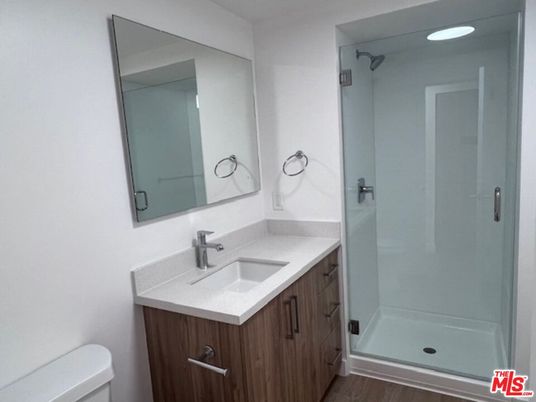 Bathroom, Glass Shower, Interior, Recessed Lighting, Wood Texture Flooring