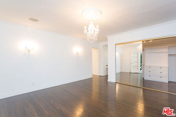 Chandelier, Empty room, Interior, Recessed Lighting, Wood Texture Flooring