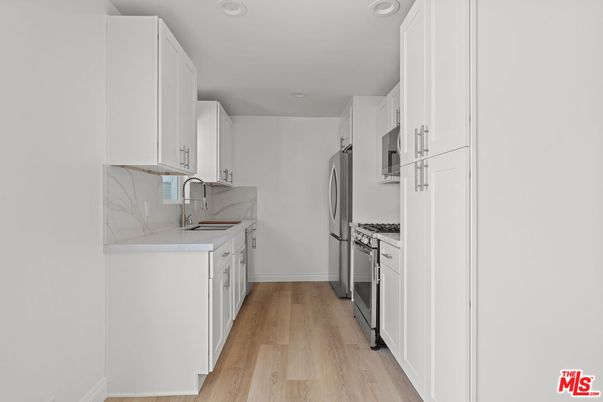 Interior, Kitchen, Marble Walls, Recessed Lighting, Wood Texture Flooring