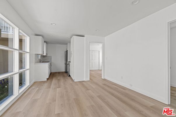 Empty room, Interior, Kitchen, Recessed Lighting, Wood Texture Flooring