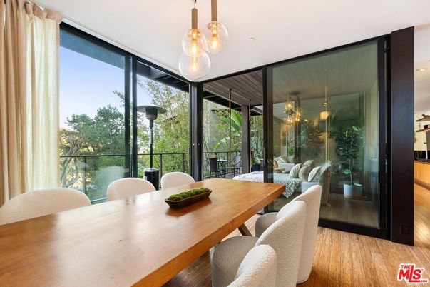 Dining room, Interior, Pendant Lights, Wood Texture Flooring