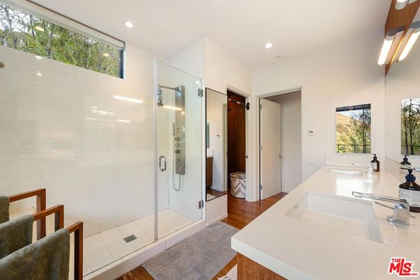 Bathroom, Glass Shower, Interior, Recessed Lighting, Wood Texture Flooring