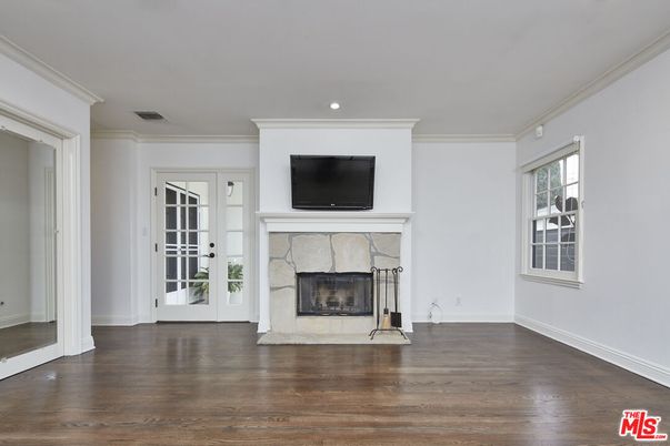 Empty room, Fireplace, Interior, Recessed Lighting, Wood Texture Flooring