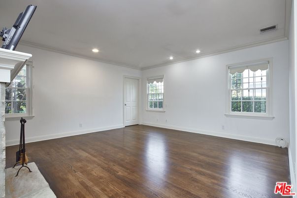 Empty room, Fireplace, Interior, Recessed Lighting, Wood Texture Flooring