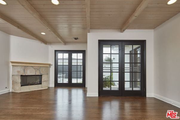 Empty room, Fireplace, Interior, Recessed Lighting, Wooden Beams, Wooden Ceilings, Wood Texture Flooring
