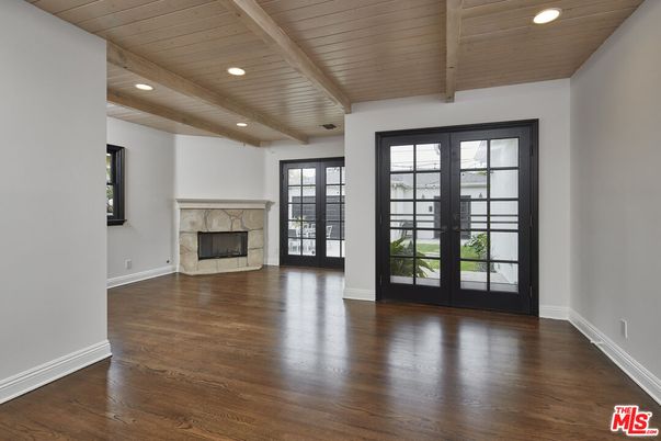 Empty room, Fireplace, Interior, Recessed Lighting, Wooden Beams, Wooden Ceilings, Wood Texture Flooring