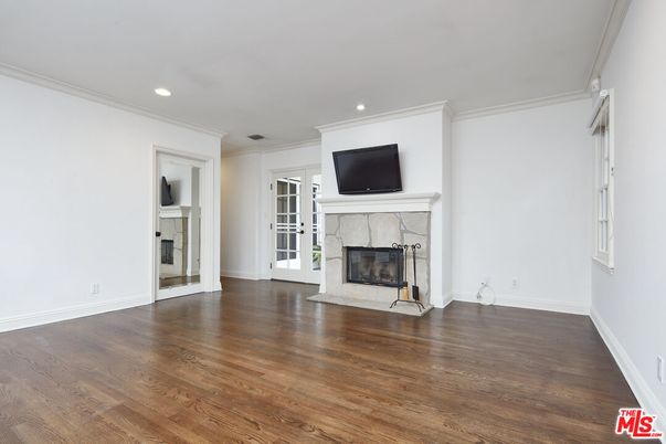 Empty room, Fireplace, Interior, Recessed Lighting, Wood Texture Flooring