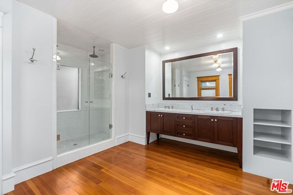 Bathroom, Glass Shower, Interior, Recessed Lighting, Wood Texture Flooring