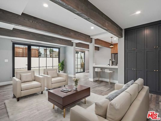 Interior, Living room, Pendant Lights, Recessed Lighting, Wooden Beams, Wood Texture Flooring