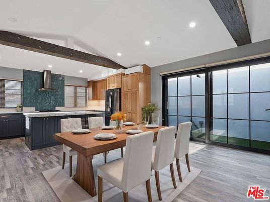 Dining room, Interior, Kitchen, Recessed Lighting, Stainless Steel Appliances, Wooden Beams, Wood Texture Flooring