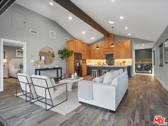 Interior, Kitchen, Living room, Pendant Lights, Recessed Lighting, Wooden Beams, Wood Texture Flooring