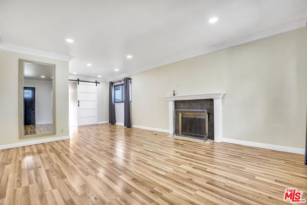 Empty room, Fireplace, Interior, Recessed Lighting, Wood Texture Flooring