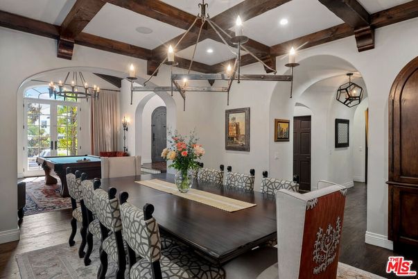Billiard Table, Chandelier, Game Room, Interior, Pendant Lights, Recessed Lighting, Wooden Beams, Wood Texture Flooring