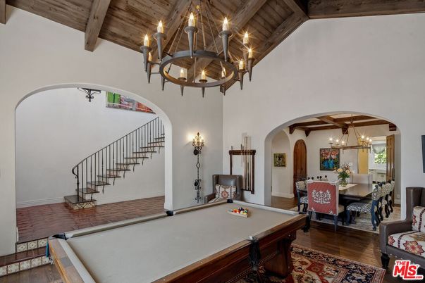 Billiard Table, Chandelier, Dining room, Game Room, Interior, Wooden Beams, Wooden Ceilings, Wood Texture Flooring