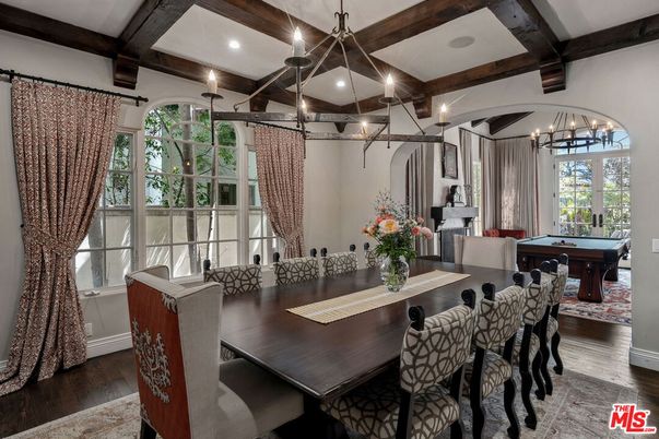 Billiard Table, Chandelier, Dining room, Fireplace, Game Room, Interior, Pendant Lights, Recessed Lighting, Wooden Beams, Wood Texture Flooring