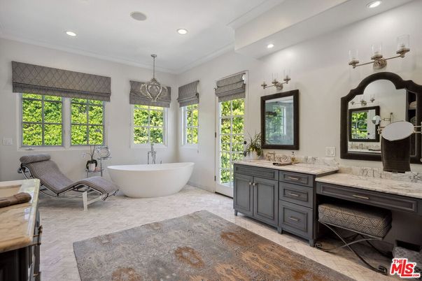 Bathroom, Chandelier, Dual Sink Vanities, Free Standing Baths, Interior, Marble, Recessed Lighting