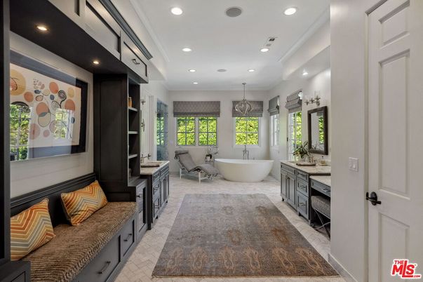 Bathroom, Chandelier, Dual Sink Vanities, Free Standing Baths, Interior, Pendant Lights, Recessed Lighting