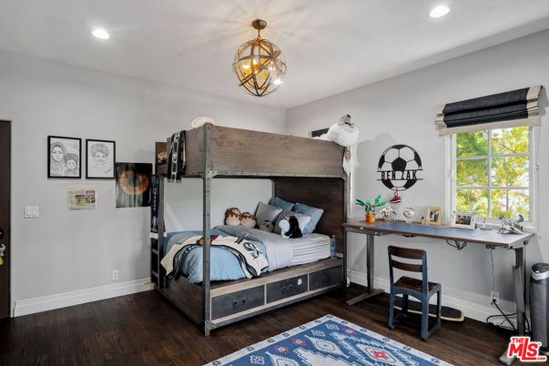 Bedroom, Chandelier, Interior, Recessed Lighting, Wood Texture Flooring