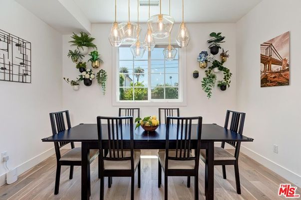 Dining room, Interior, Pendant Lights, Wood Texture Flooring