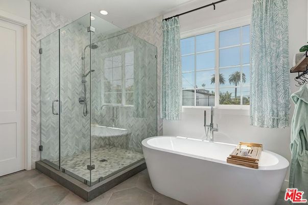 Bathroom, Free Standing Baths, Glass Shower, Interior, Marble Walls, Recessed Lighting