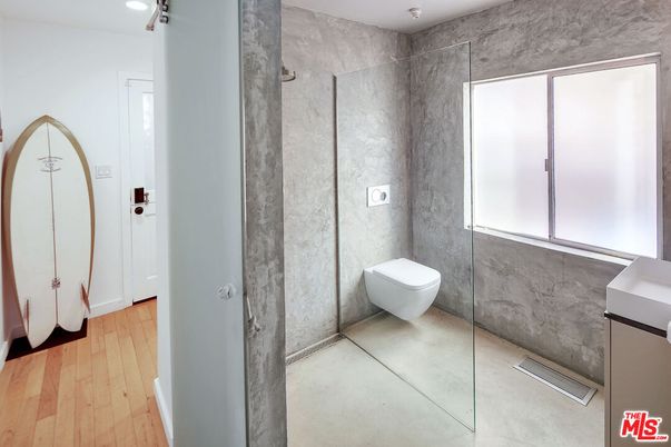 Bathroom, Glass Shower, Interior, Recessed Lighting, Wood Texture Flooring