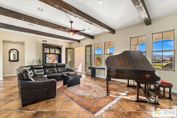 Interior, Living room, Piano, Recessed Lighting, Wooden Beams