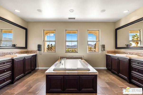Bathroom, Dual Sink Vanities, Interior, Recessed Lighting, Tile Countertops, Wood Texture Flooring