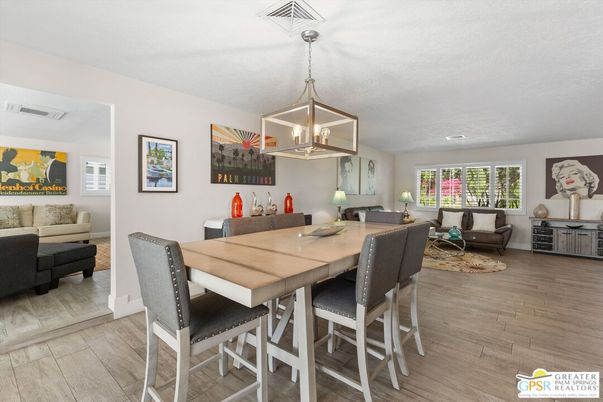 Dining room, Interior, Living room, Pendant Lights, Recessed Lighting, Wood Texture Flooring