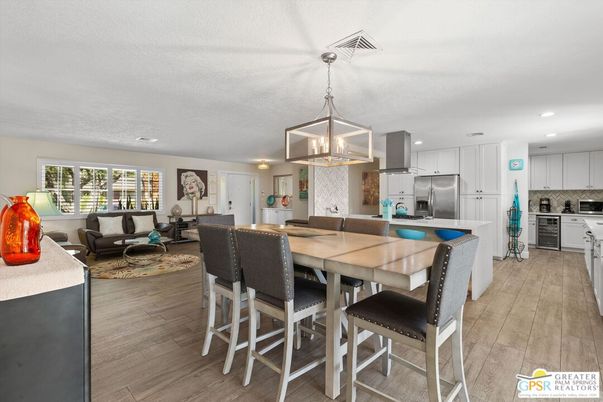 Dining room, Interior, Kitchen, Living room, Pendant Lights, Recessed Lighting, Stainless Steel Appliances, Wood Texture Flooring