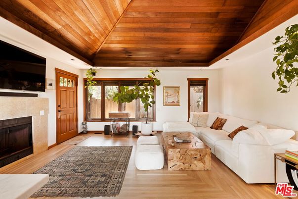 Fireplace, Interior, Living room, Recessed Lighting, Wooden Ceilings, Wood Texture Flooring