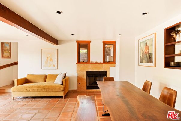 Dining room, Fireplace, Interior, Recessed Lighting, Wooden Beams