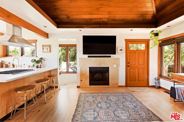 Fireplace, Interior, Kitchen, Recessed Lighting, Wooden Ceilings, Wood Texture Flooring