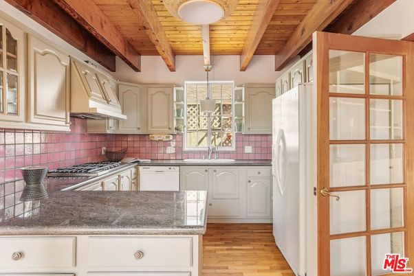Interior, Kitchen, Tile Countertops, Wooden Beams, Wooden Ceilings, Wood Texture Flooring