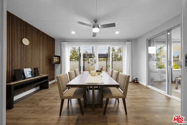 Dining room, Interior, Recessed Lighting, Wood Texture Flooring
