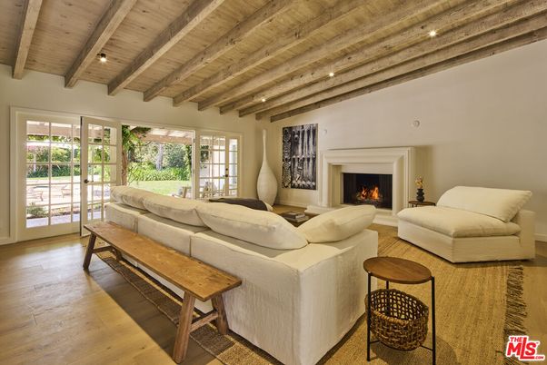 Fireplace, Interior, Living room, Recessed Lighting, Wooden Beams, Wooden Ceilings, Wood Texture Flooring