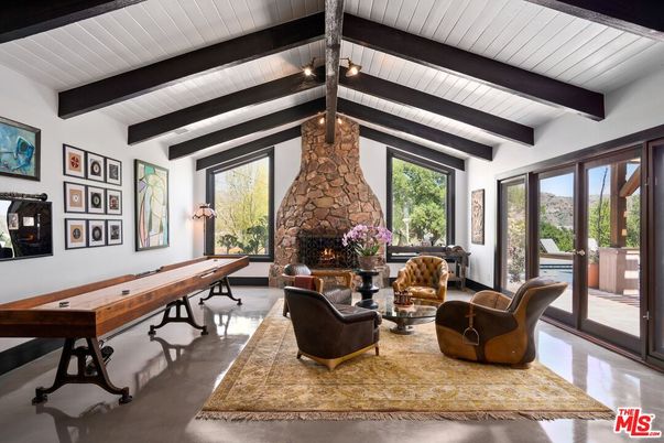 Billiard Table, Fireplace, Game Room, Interior, Living room, Stone Walls, Wooden Beams