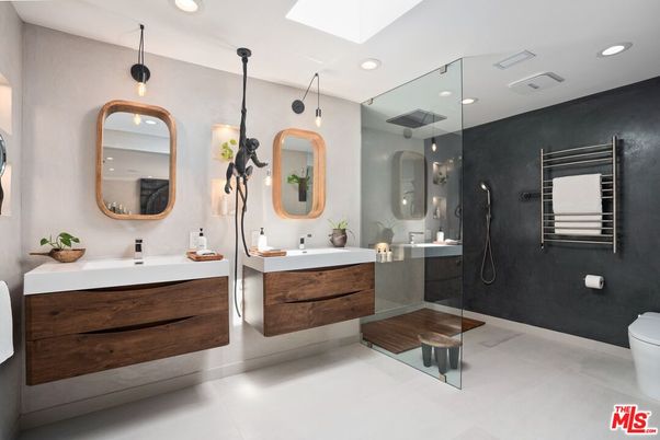 Bathroom, Dual Sink Vanities, Glass Shower, Interior, Pendant Lights, Recessed Lighting