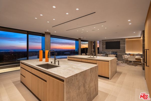 Dining room, Interior, Kitchen, Recessed Lighting, Stone Walls, Water, Wood Texture Flooring