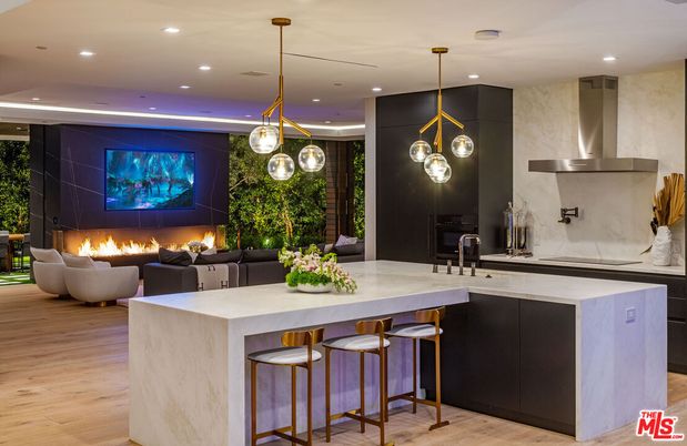 Fireplace, Interior, Pendant Lights, Recessed Lighting, Wood Texture Flooring