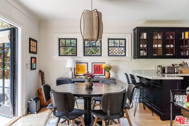 Dining room, Interior, Pendant Lights, Wood Texture Flooring