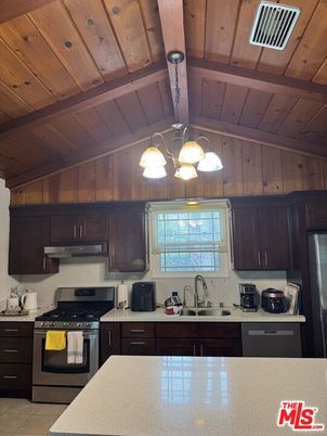 Interior, Kitchen, Pendant Lights, Stainless Steel Appliances, Wooden Beams, Wooden Ceilings