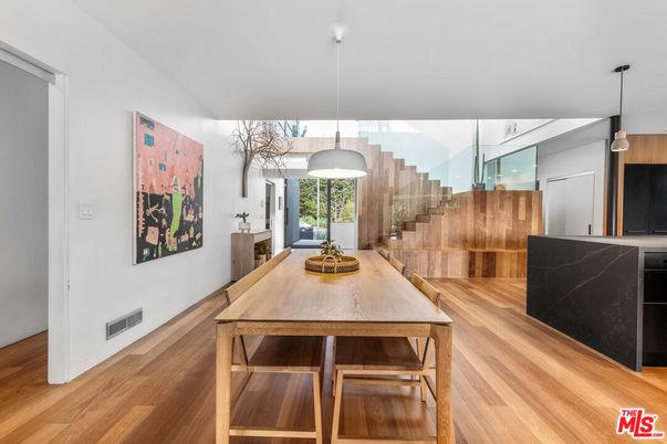 Dining room, Interior, Pendant Lights, Wood Texture Flooring