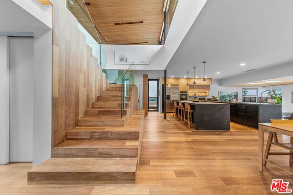 Dining room, Interior, Kitchen, Pendant Lights, Recessed Lighting, Stainless Steel Appliances, Wooden Ceilings, Wood Texture Flooring