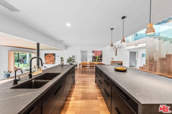 Dining room, Interior, Kitchen, Pendant Lights, Recessed Lighting, Wood Texture Flooring
