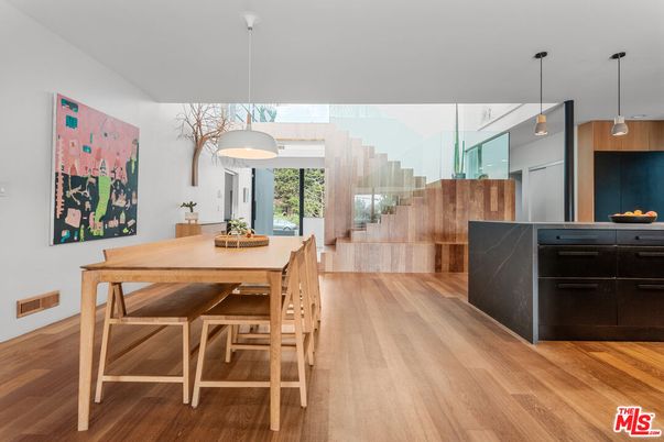 Dining room, Interior, Pendant Lights, Wood Texture Flooring