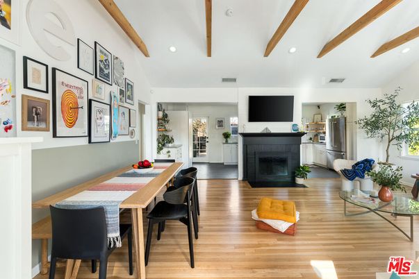 Dining room, Fireplace, Interior, Recessed Lighting, Wooden Beams, Wood Texture Flooring