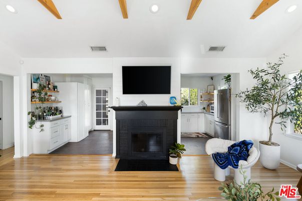 Fireplace, Interior, Kitchen, Recessed Lighting, Wooden Beams, Wood Texture Flooring