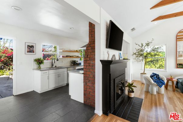 Fireplace, Interior, Kitchen, Recessed Lighting, Wooden Beams, Wood Texture Flooring