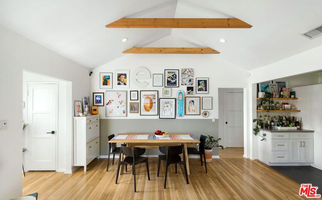 Dining room, Interior, Recessed Lighting, Wooden Beams, Wood Texture Flooring