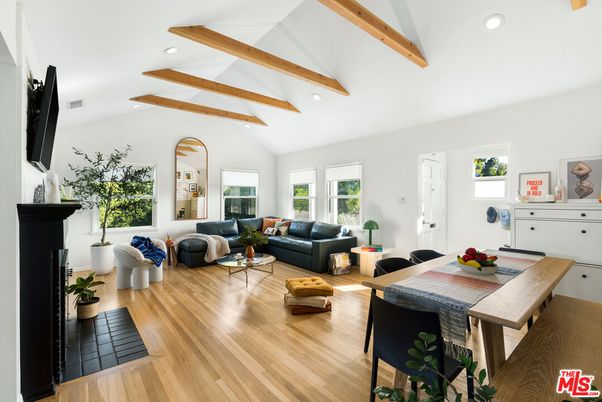 Dining room, Fireplace, Interior, Living room, Recessed Lighting, Wooden Beams, Wood Texture Flooring